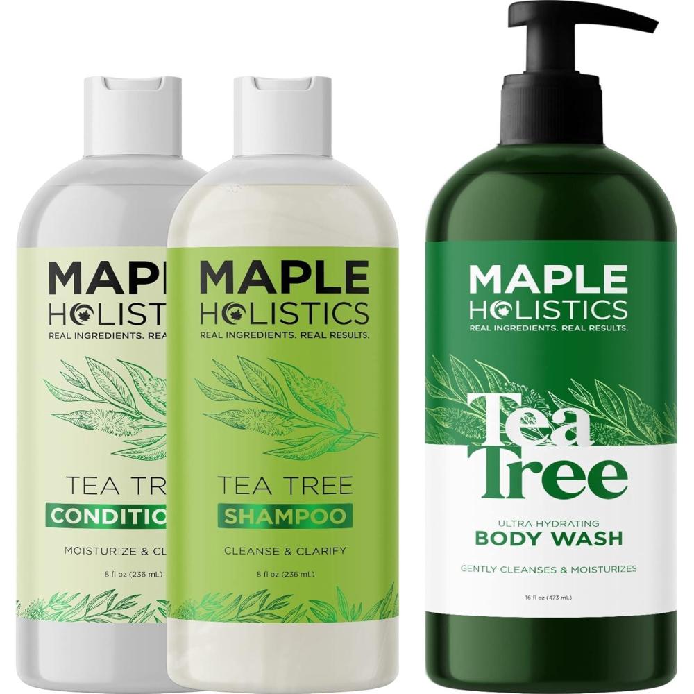 image:imageMaple Holistics Shampoo Conditioner and Body Wash Set Tea Tree Essential Oil for Dry Skin Scalp and Hair Care Moisturizing Sulfate Free Shower Set for Men and Women